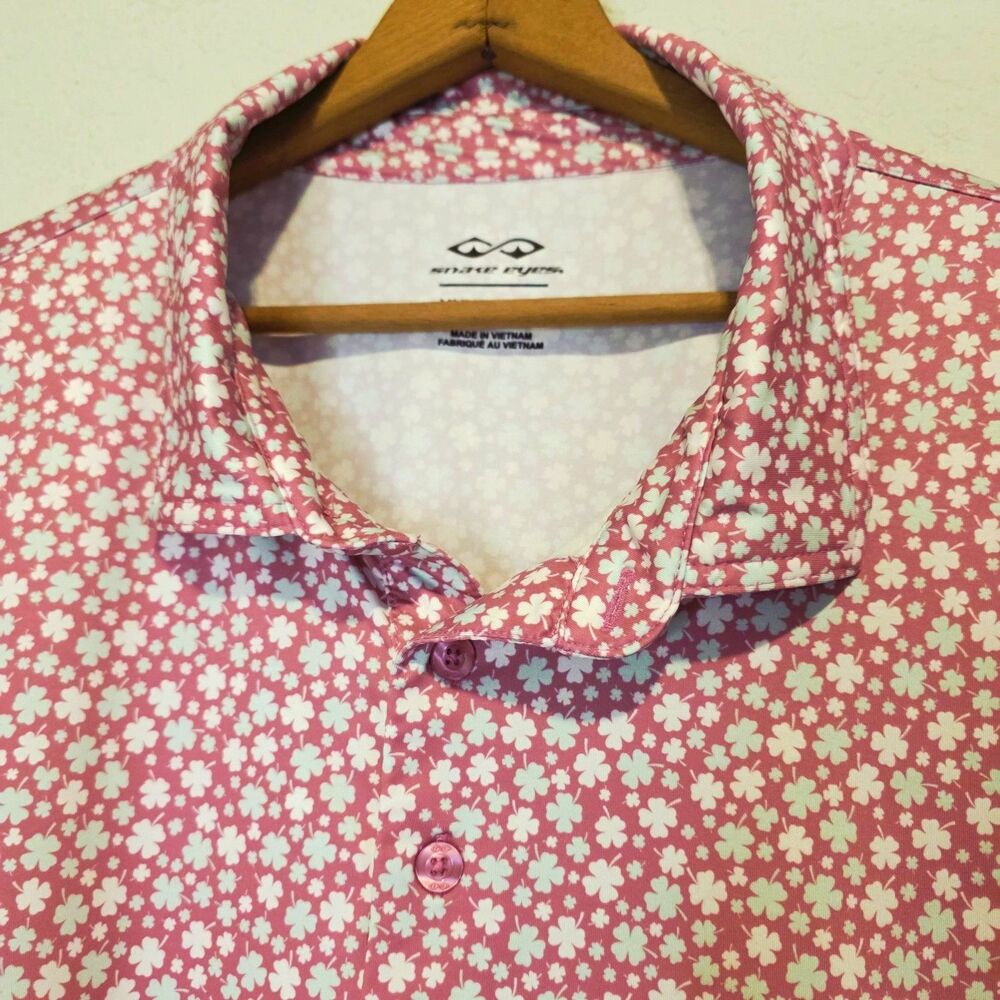 Snake Eyes Golf Polo Shirt Pink & White Clover Print Performance EUC SZ 3XL